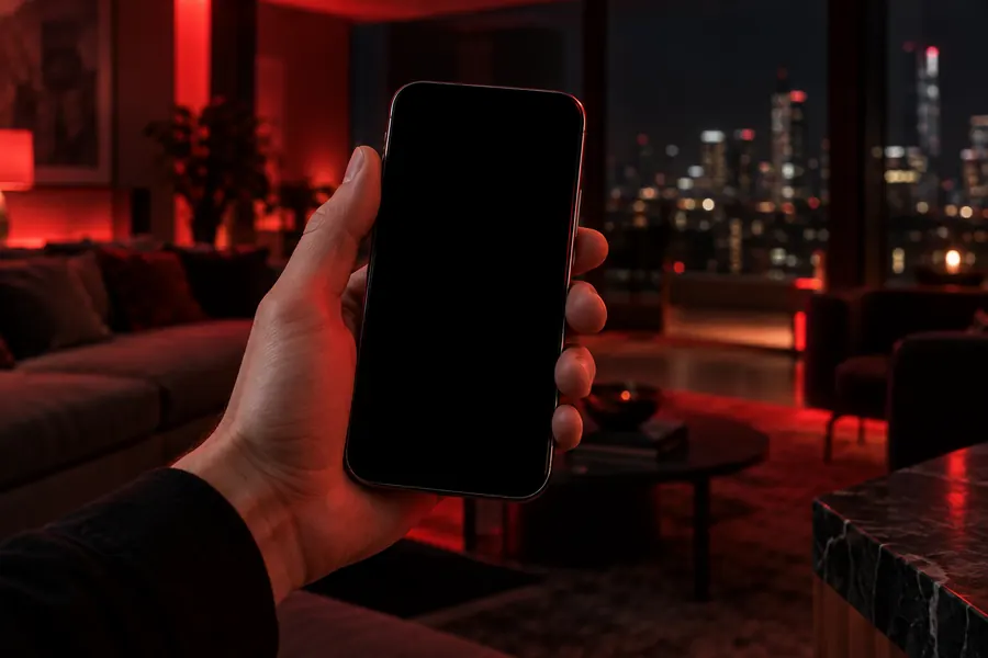 Celular con la app de Alarma 24 en un apartamento de noche
