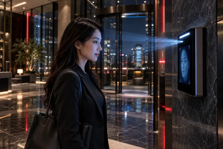 Terminal de reconocimiento facial en el lobby de una empresa