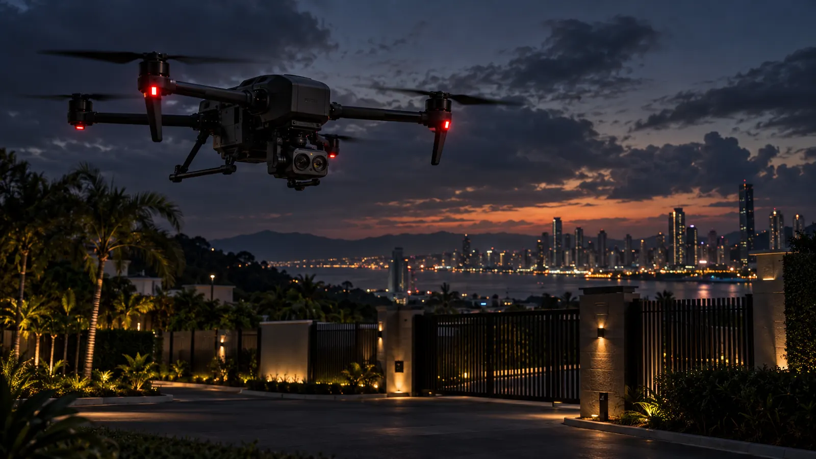 Dron de seguridad de Alarma 24 sobrevolando un perímetro al atardecer