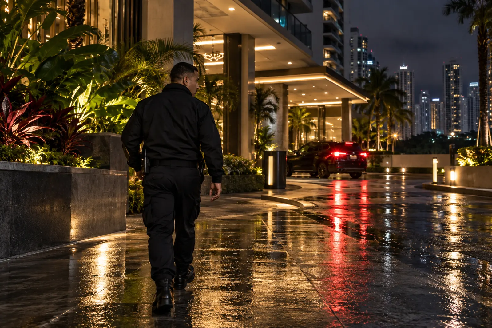 Oficial de seguridad de Alarma 24 recorriendo el perímetro de un edificio de noche